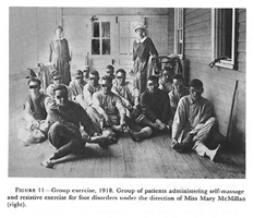 FIGURE 11-Group exercise, 1918. Group of patients administering self-massage   and resistive exercise for foot disorders under the direction of Miss Mary   McMillan (right)