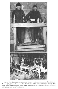 FIGURE 23. Handmade occupational therapy equipment, American Expeditionary Forces. (Top) Treadle wood lathe, Base Hospital No. 9, Chateauroux, France. (Bottom) Wood floor and table looms, Base Hospital No. 214, Savenay, France. (Courtesy of National Library of Medicine.)