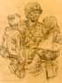 Click to enlarge; Joseph Hirsch, Safe, Cassino, Italy. A Medical Corpsman comforting two orphans.